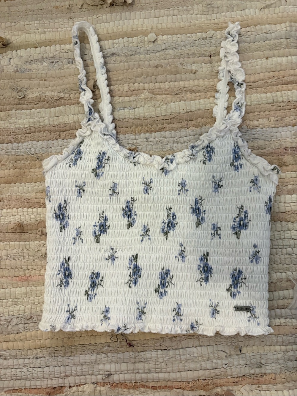 Hollister White Smocked Tank with Blue Floral Print